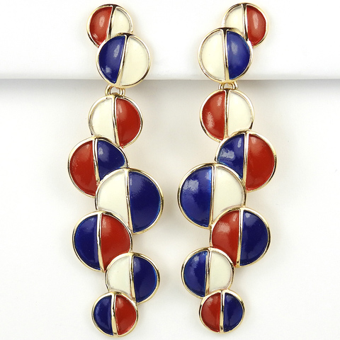 Trifari Red White and Blue Patriotic Bubbles Giant Pendant Clip Earrings