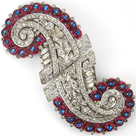 Trifari 'Alfred Philippe' Pave and Baguette Swirls and Sapphire and Ruby Shoebuttons Pair of Dress Clips or Clipmate Pin