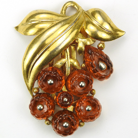 Trifari 'Alfred Philippe' Gold Leaves and Topaz Fruit Salad Berry Cluster Dress Clip