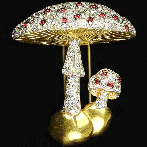 Trifari 'Alfred Philippe' Gold Pave and Ruby Cabochons Double Mushroom Pin Clip