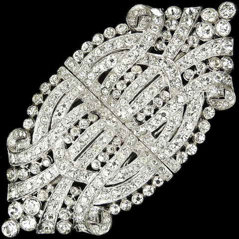 KTF Trifari 'Alfred Philippe' Double Pave Swirl Deco Pair of Dress Clips or Clipmate Pin