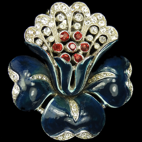 Trifari 'Alfred Philippe' Blue Enamel Pave and Rubies Smallest Lotus Flower Pin Clip