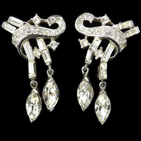 Trifari 'Alfred Philippe' Pave Bow and Double Baguette Floral Pendant Clip Earrings