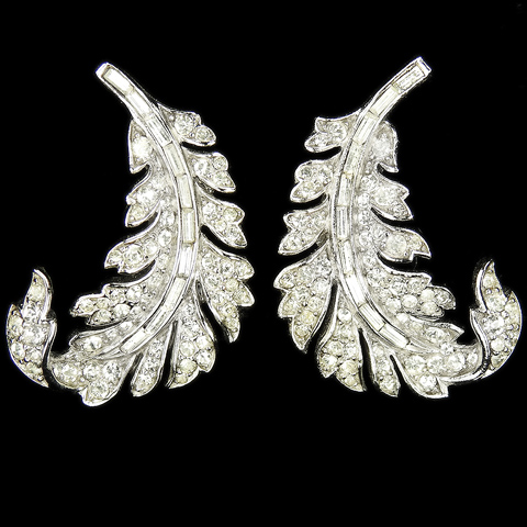Trifari 'Alfred Philippe' Pave and Baguettes 'Royal Plume' Leaf Swirl Clip Earrings
