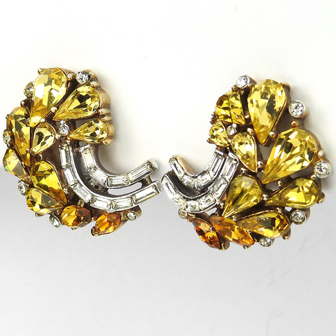 Trifari 'Alfred Philippe' Citrine and Topaz Teardrops and Diamante Baguettes Leaf Swirl Clip Earrings