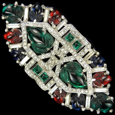 KTF Trifari 'Alfred Philippe' 1930s Jewels of India Pave Baguettes and Tricolour Fruit Salads Hexagon Bar Pin