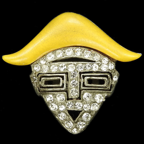 Trifari and Krussman Deco Pave Smaller Toreador Face Mask with Yellow Bakelite Hat Dress Clip
