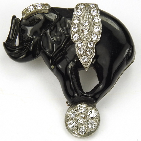 KTF Trifari 'Alfred Philippe' Pave and Black Bakelite Circus Elephant Balancing on a Ball Pin