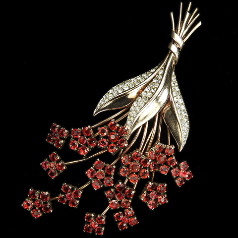 Trifari Sterling 'Alfred Philippe' Giant Gold Pave and Ruby Square Pentagon and Hexagon Shaped Flower Clusters Pin Clip
