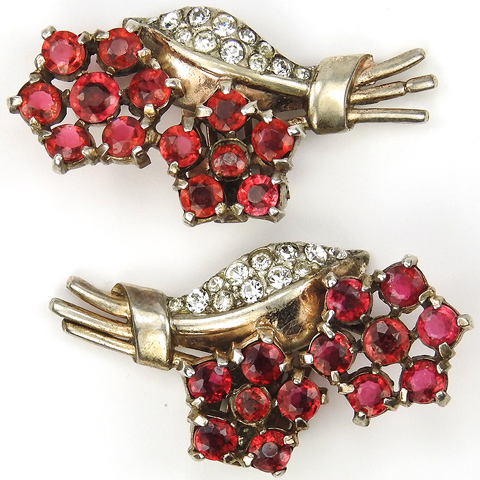 Trifari Sterling 'Alfred Philippe' Gold Pave and Ruby Hexagon and Pentagon Shaped Flower Clusters Clip Earrings