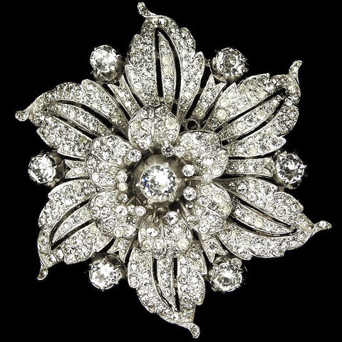Trifari 'Alfred Philippe' 'Regence' Pave Rose Flower Trembler with Spangles and Six Radiant Leaves Pin Clip
