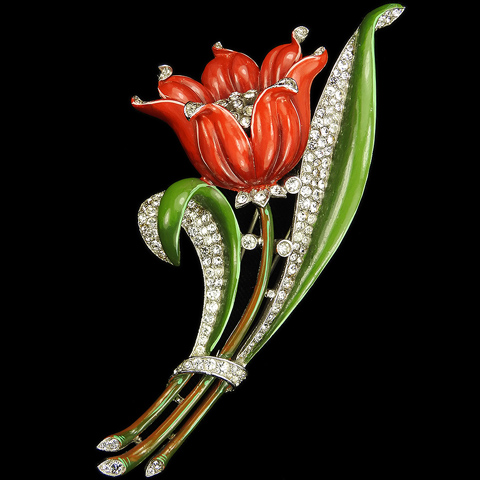 Trifari 'Alfred Philippe' Pave and Enamel Giant Red Lily Pin Clip