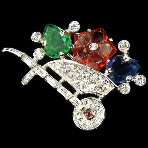 Trifari 'Alfred Philippe' Pave Miniature Wheelbarrow with Ruby Sapphire and Emerald Fruit Salad Flowers Pin