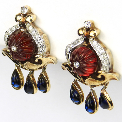 Trifari 'Alfred Philippe' 'Scheherazade' Moghul Melon Cut Rubies and Pendant Sapphires Clip Earrings