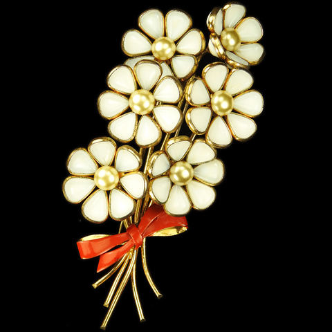 Trifari 'Alfred Philippe' White Poured Glass and Pearls Spray of Six Flowers with Red Bow Pin Clip