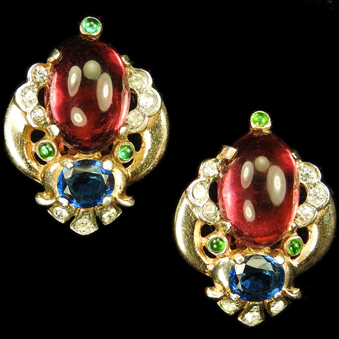 Trifari 'Alfred Philippe' 'Jewels of Tanjore' Ruby Cabochon and Sapphire Clip Earrings