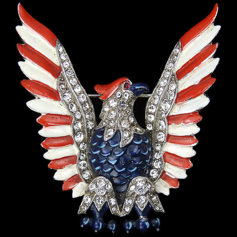 Trifari 'Alfred Philippe' WW2 US Patriotic Red White and Blue Eagle Stretching its Wings Pin