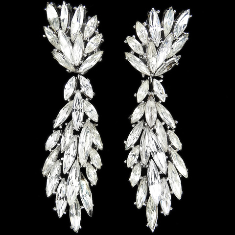 Trifari 'Alfred Philippe' Multiple Navette Cascades Diamante Articulated Pendant Clip Earrings