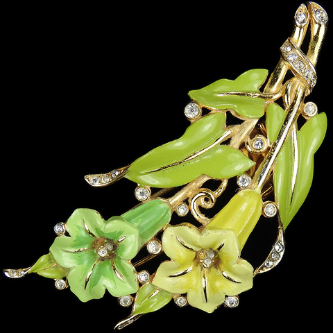 Trifari 'Alfred Philippe' Gold Green and Yellow Lillies and Leaves Pastel Enamel Pin Clip
