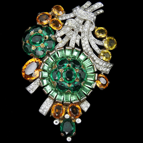 Trifari 'Alfred Philippe' 'Ombre Stone' Gold Two Tones of Emerald and of Topaz Pave Swirl Flower Spray Pin Clip