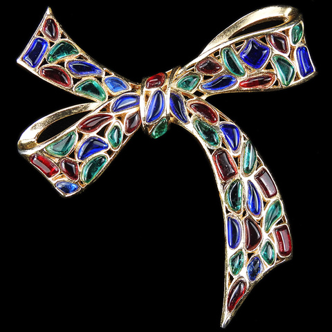 Trifari 'Modern Mosaics' Emerald Ruby and Sapphire Poured Glass Bow Pin