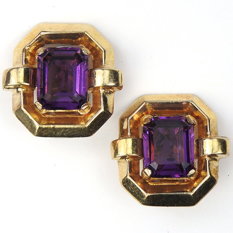 Trifari 'Alfred Philippe' Gold and Amethyst Deco Doorknocker Style Clip Earrings