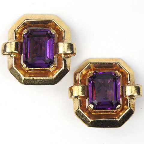 Trifari 'Alfred Philippe' Gold and Amethyst Deco Doorknocker Style Clip Earrings