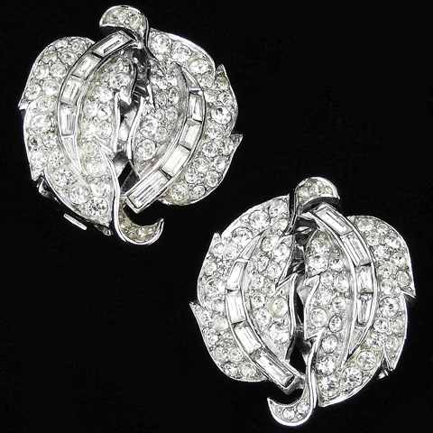 Trifari 'Alfred Philippe' Pave and Baguettes Double Curling Leaf Button Clip Earrings