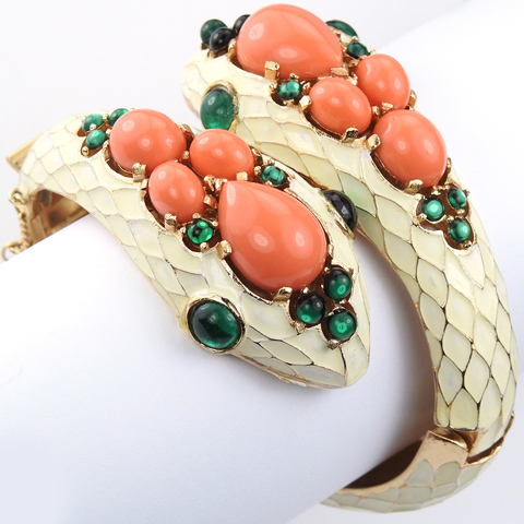 Trifari 'L'Orient' Jewels of India White Enamel Emerald and Coral Cabochons Snakes Bangle Bracelet