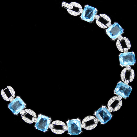 Trifari 'Alfred Philippe' Deco Pave Circles and Aquamarines Link Bracelet