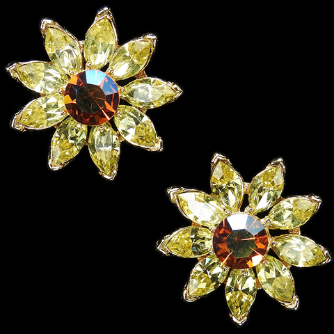 Trifari 'Alfred Philippe' Aurora Borealis Citrine and Topaz Starflower Clip Earrings