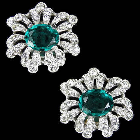 Trifari 'Alfred Philippe' Pave and Emerald Flower Clip Earrings