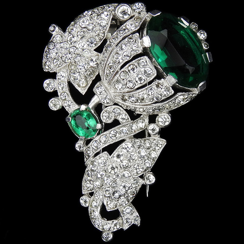 Trifari 'Alfred Philippe' Pave and Emerald Single Bell Flower with Leaves Pin Clip