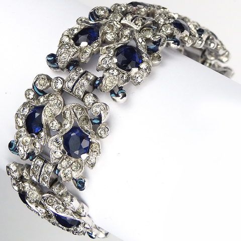 Trifari 'Alfred Philippe' Pave Sapphire and Enamel Double Row of Lily Flowers Link Bracelet  