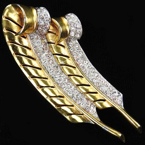 Trifari 'Alfred Philippe' Gold and Pave Double Feather Pin Clip