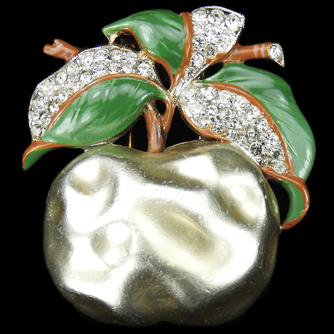Trifari 'Alfred Philippe' Pave Enamel Leaves and Pearl Apple Pin Clip