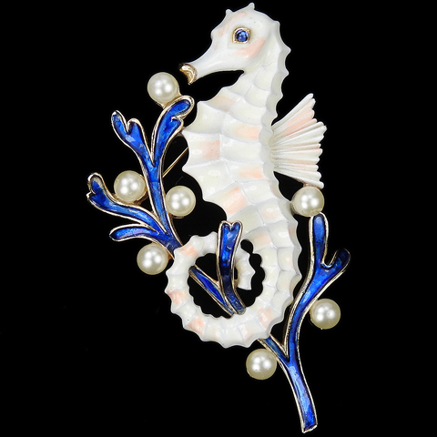 Trifari 'Alfred Philippe' Blue Coral and Pearls White Seahorse Pin