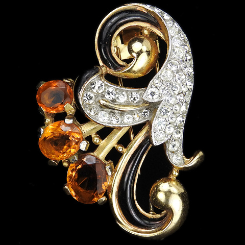 Trifari 'Alfred Philippe' Gold Pave Topaz and Enamel Three Flower Swirl Pin Clip