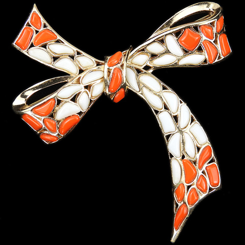 Trifari 'Modern Mosaics' Coral and White Fruitdrop Poured Glass Bow Pin