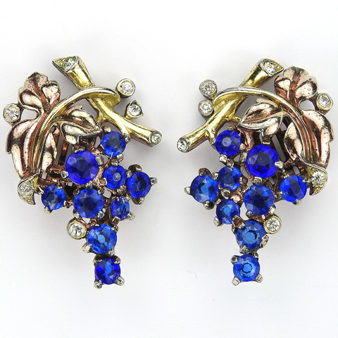 Trifari 'Alfred Philippe' Sapphire Grapes and Two Colour Gold Vine Leaves Clip Earrings