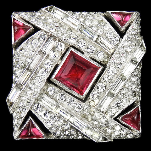 KTF Trifari 'Alfred Philippe' Pave Baguettes and Ruby Square and Cushion Cut Triangles Deco Pinwheel Dress Clip