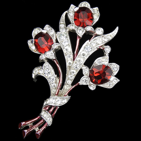 Trifari 'Alfred Spaney' Pave and Enamel Triple Ruby Floral Spray Pin