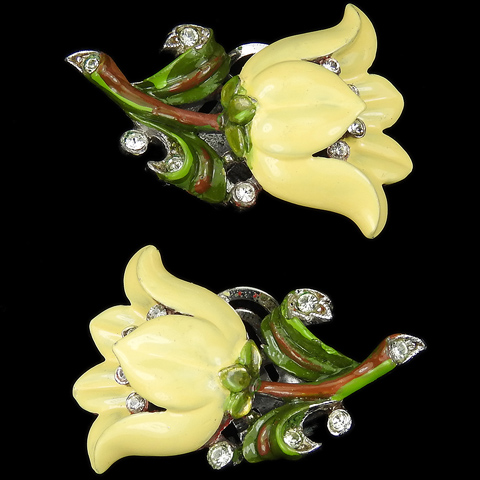 Trifari 'Alfred Philippe' Yellow Enamel Lily Flower Clip Earrings