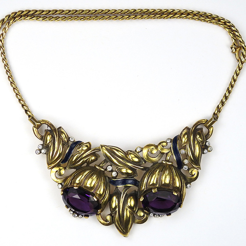 Trifari 'Alfred Philippe' Gold Amethyst and Blue Enamel Double Bell Flowers Choker Necklace