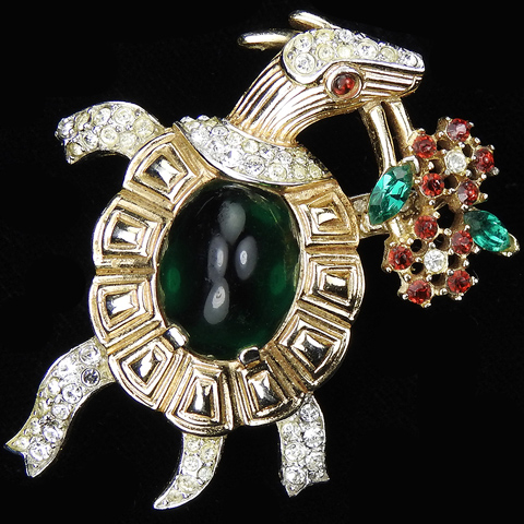 Trifari 'Alfred Philippe' Emerald Cabochon Turtle Holding a Bouquet of Flowers Pin