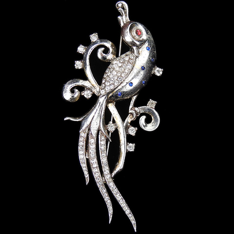 Trifari Sterling 'Alfred Philippe' Pave and Sapphire Spangles Perching Bird of Paradise Pin