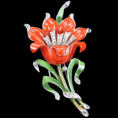 Trifari 'Alfred Philippe' Pave and Red Enamel Lily Pin Clip