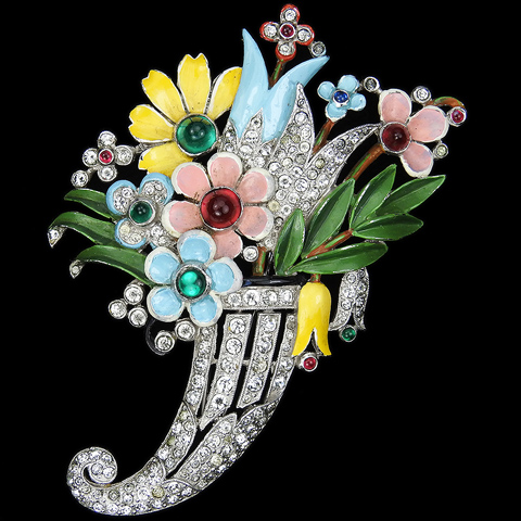 Trifari 'Alfred Philippe' Pave and Enamel with Ruby and Emerald Cabochons Flower Cornucopia Pin Clip