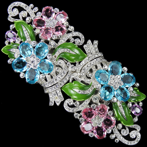 Trifari 'Alfred Philippe' Pair of Pave Enamel and Pastel Flowers Floral Spray Dress Clips or Clipmate Pin