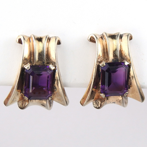 Trifari Sterling 'Alfred Philippe' Gold and Amethyst Deco Swirl Clip Earrings